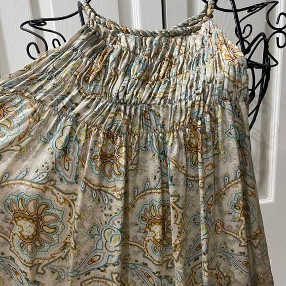 ZARA MINI DRESS TUNIC 100% SILK SMOCKED NECK HALTED PAISLEY ICONIC CHIC SZ M - Picture 15 of 16